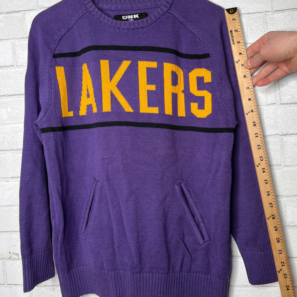 NBA Vintage Y2K Mens S LAKERS Knit Logo Sweater Front Pockets Crewneck Purple - Picture 7 of 7